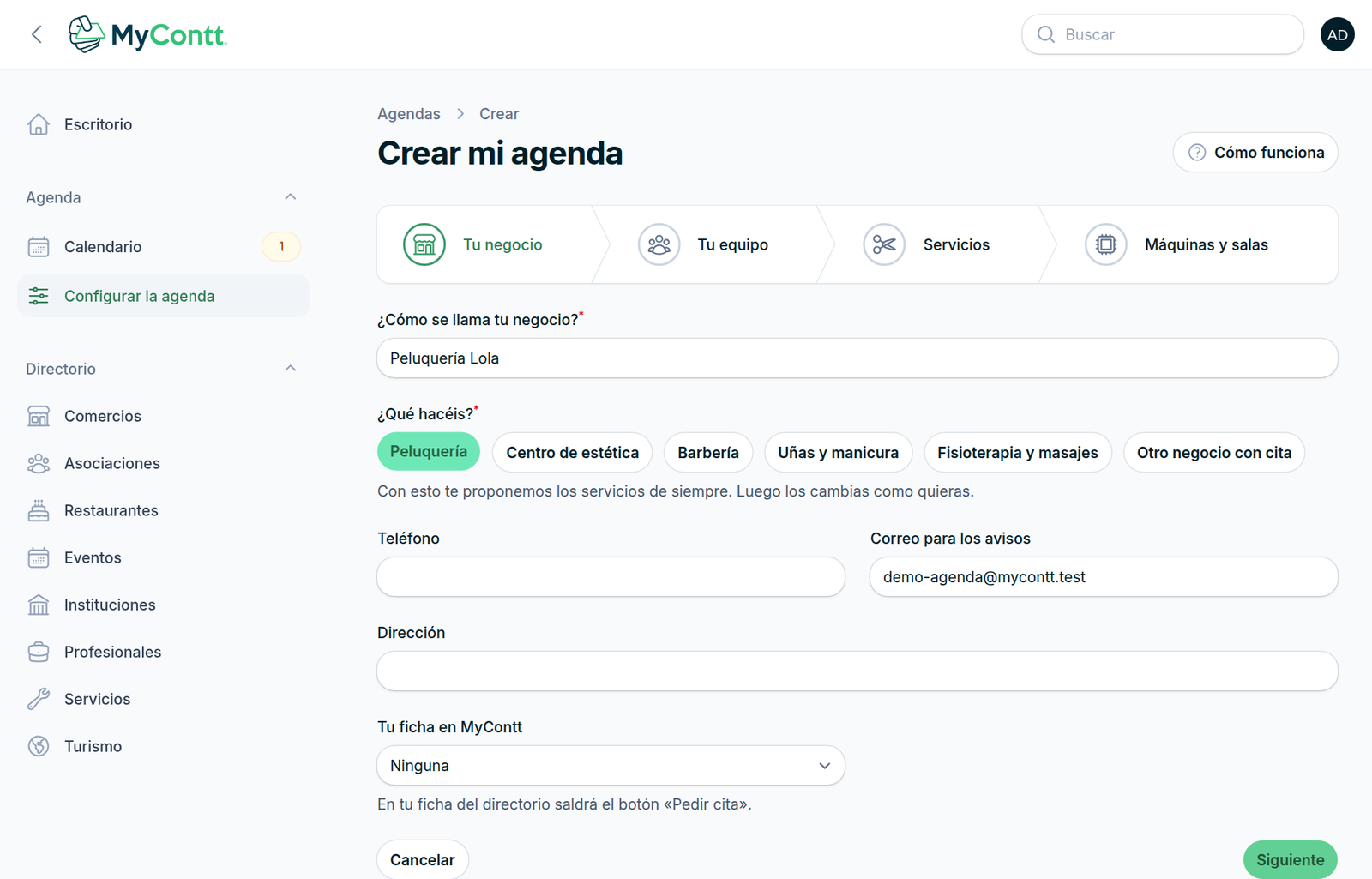 Primer paso del asistente Crear mi agenda: nombre del negocio y tipo de negocio