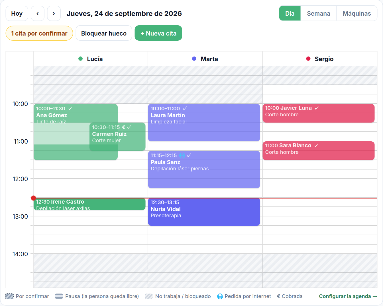 Calendario del día con tres columnas, una por persona, y las citas de colores
