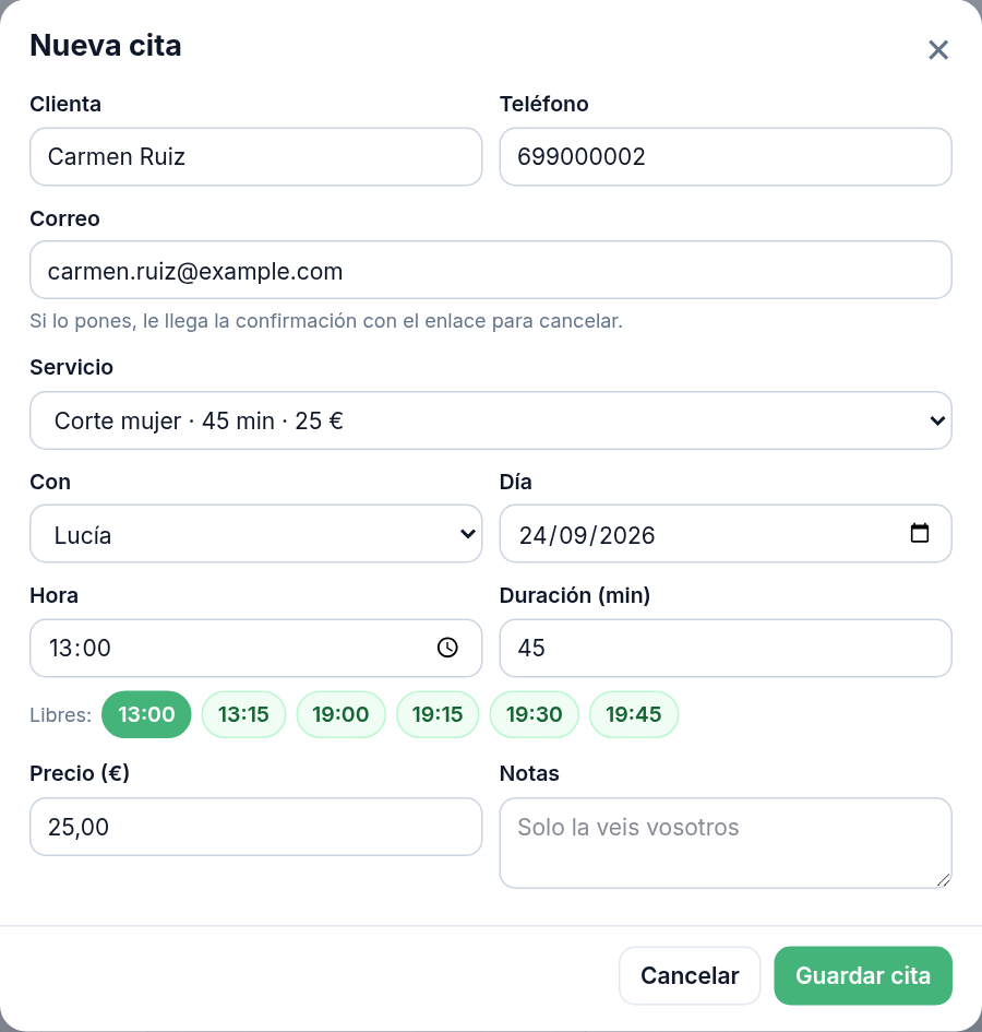 Ventana Nueva cita con la clienta, el servicio, la persona, el día y las horas libres