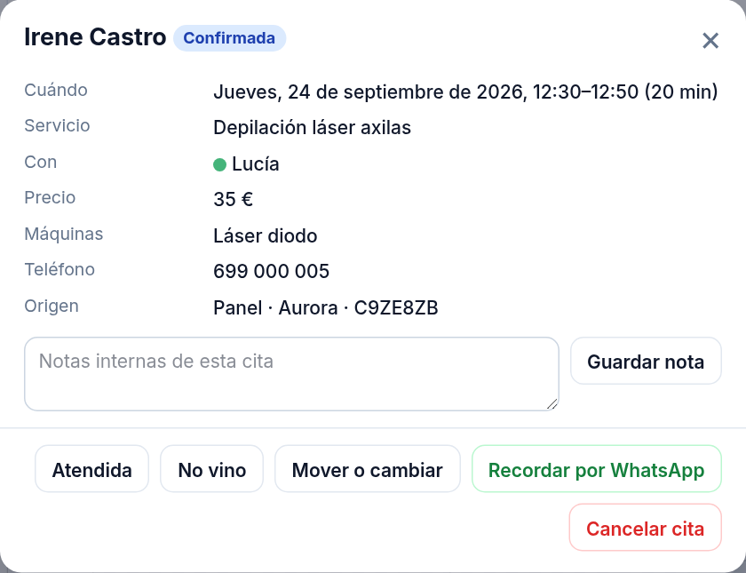 Ficha de una cita con sus datos y los botones Atendida, No vino, Mover, Recordar por WhatsApp y Cancelar