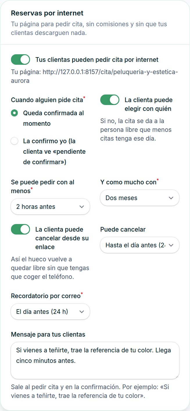Ajustes de las reservas por internet: confirmación, antelación, cancelación y recordatorio
