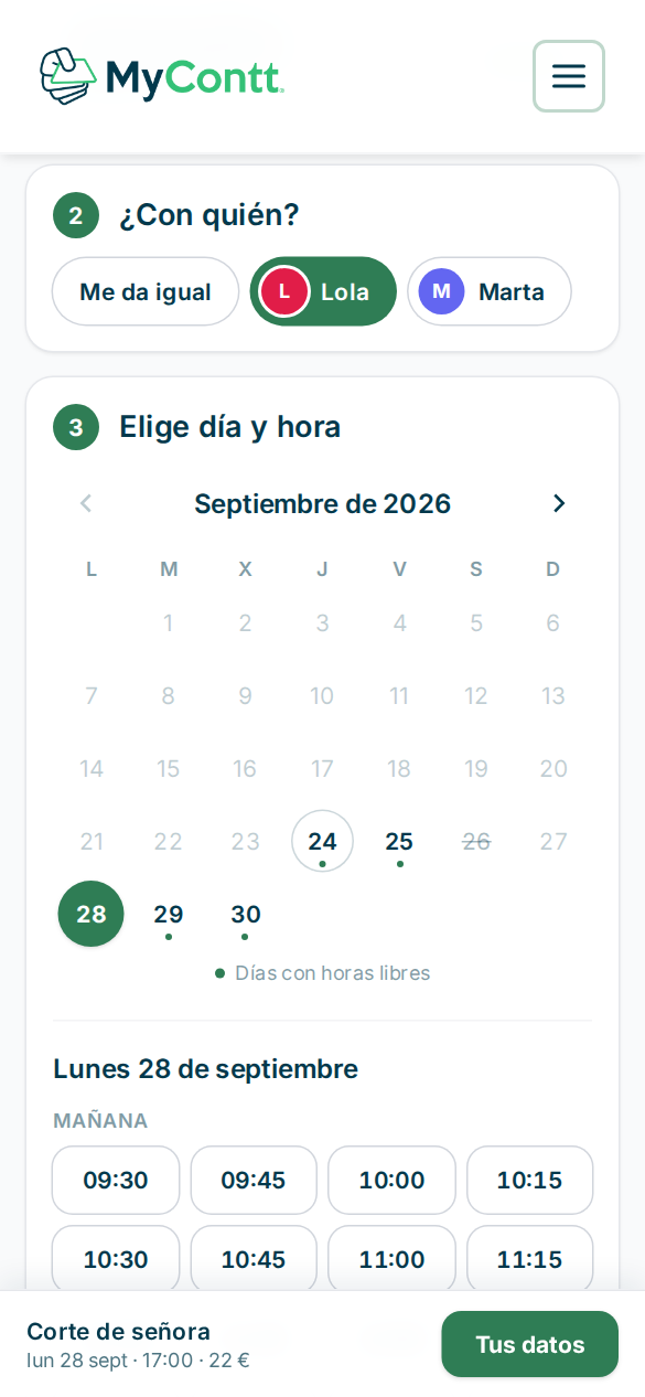 La página para pedir cita vista en un móvil: servicio, persona, día y hora