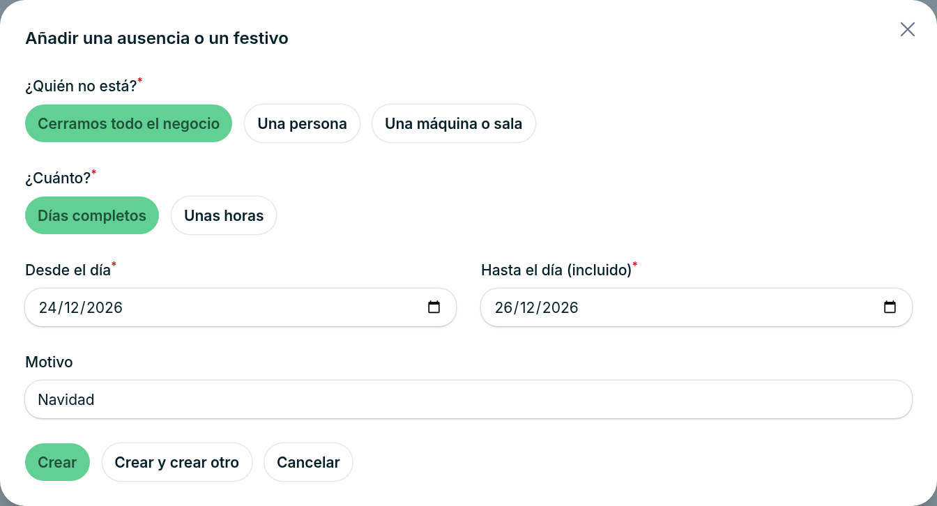 Formulario de una ausencia: todo el negocio, días completos del 24 al 26 de diciembre