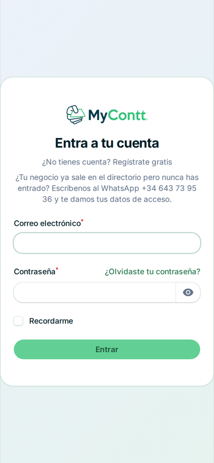 Pantalla de entrada de MyContt en el móvil, con los campos de correo y contraseña