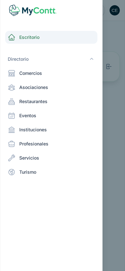 Menú lateral de MyContt con las secciones Comercios, Asociaciones, Restaurantes, Eventos, Instituciones, Profesionales, Servicios y Turismo