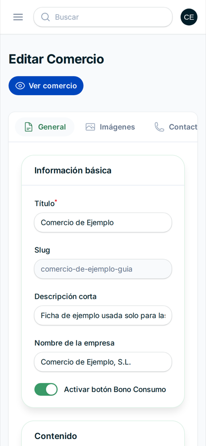 Pantalla de edición de una ficha con las pestañas General, Imágenes y Contacto, y el interruptor del Bono Consumo