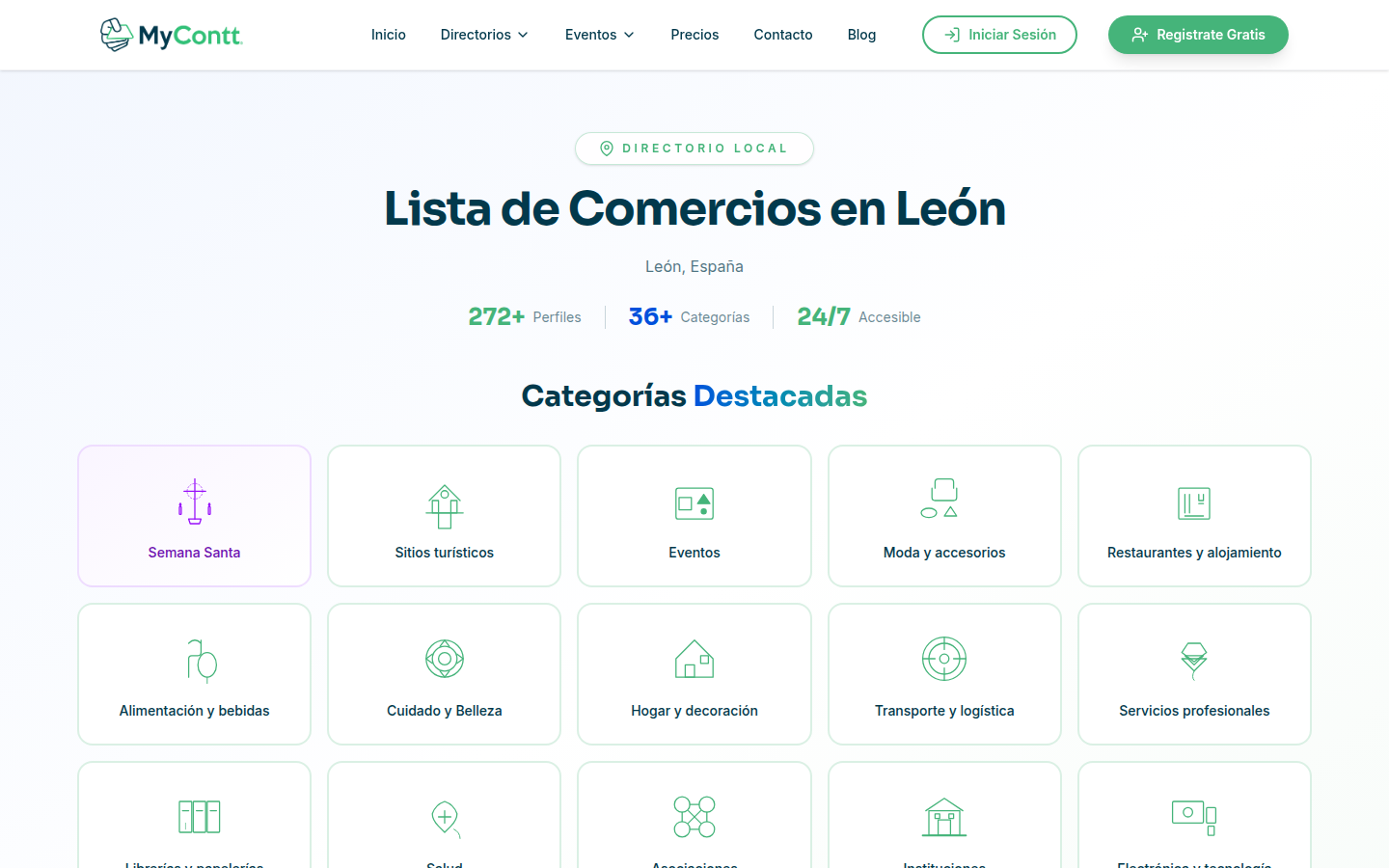 Directorio de negocios de León en mycontt.com, con el buscador donde aparecen sugerencias mientras se escribe