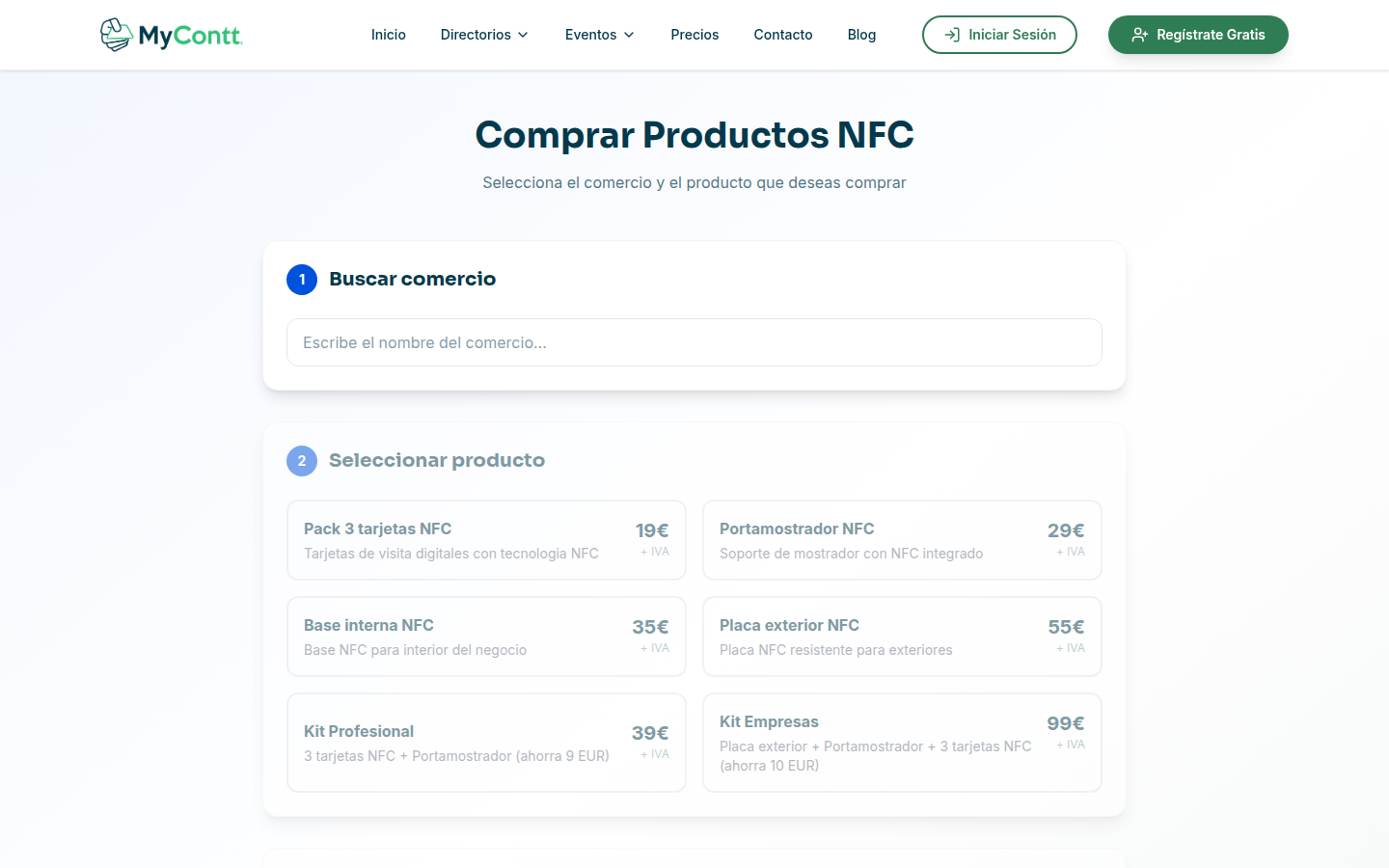 Página pública de compra de tarjeta NFC de MyContt, con el buscador de negocio y el botón de pago