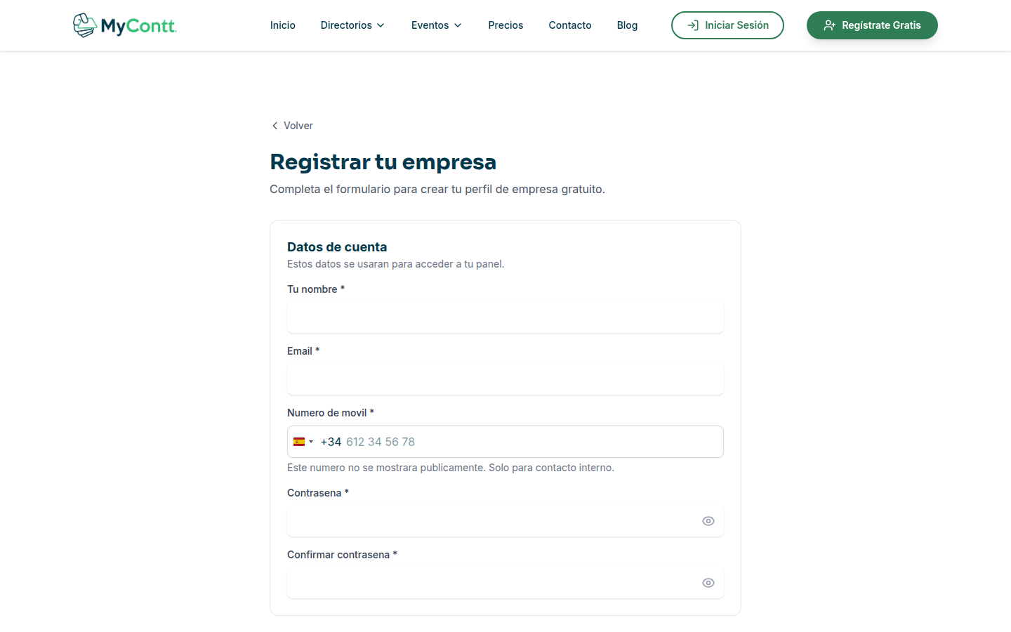 Formulario público de registro de comercio en mycontt.com