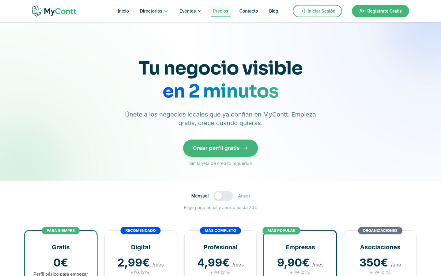 Página pública de precios de MyContt con los planes disponibles